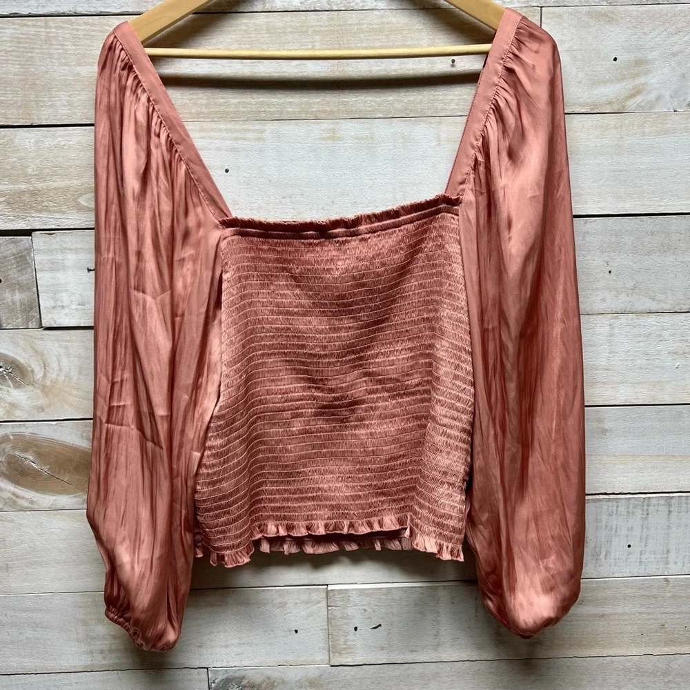 J Crew Top Womens XL Pink Satin Square Neck Smocked Puff‎ Sleeve Crop Boho